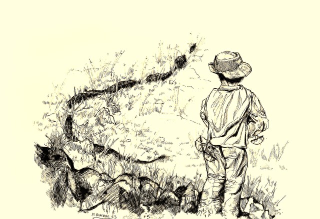 Dibujo realizado por Marcos Romero sobre la leyenda de la culebra peluda. 